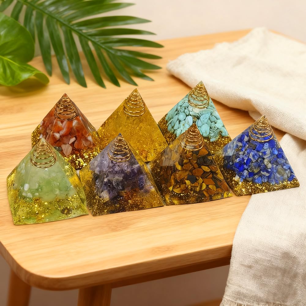 AierCrystal amethyst quartz pyramid 7pcs set displayed together.