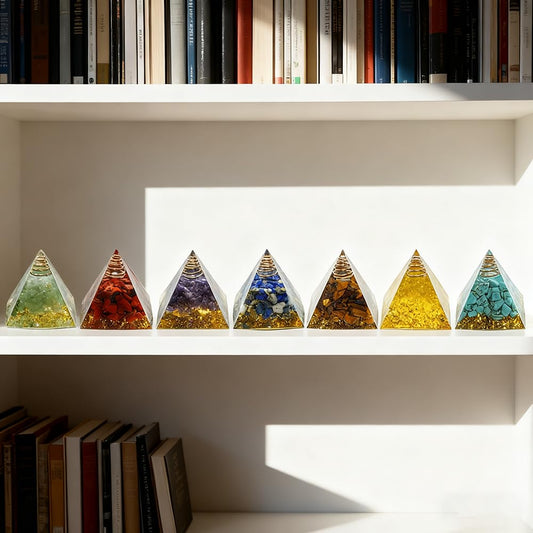 AierCrystal 7pcs pyramid set side detail shows natural crystal variations.