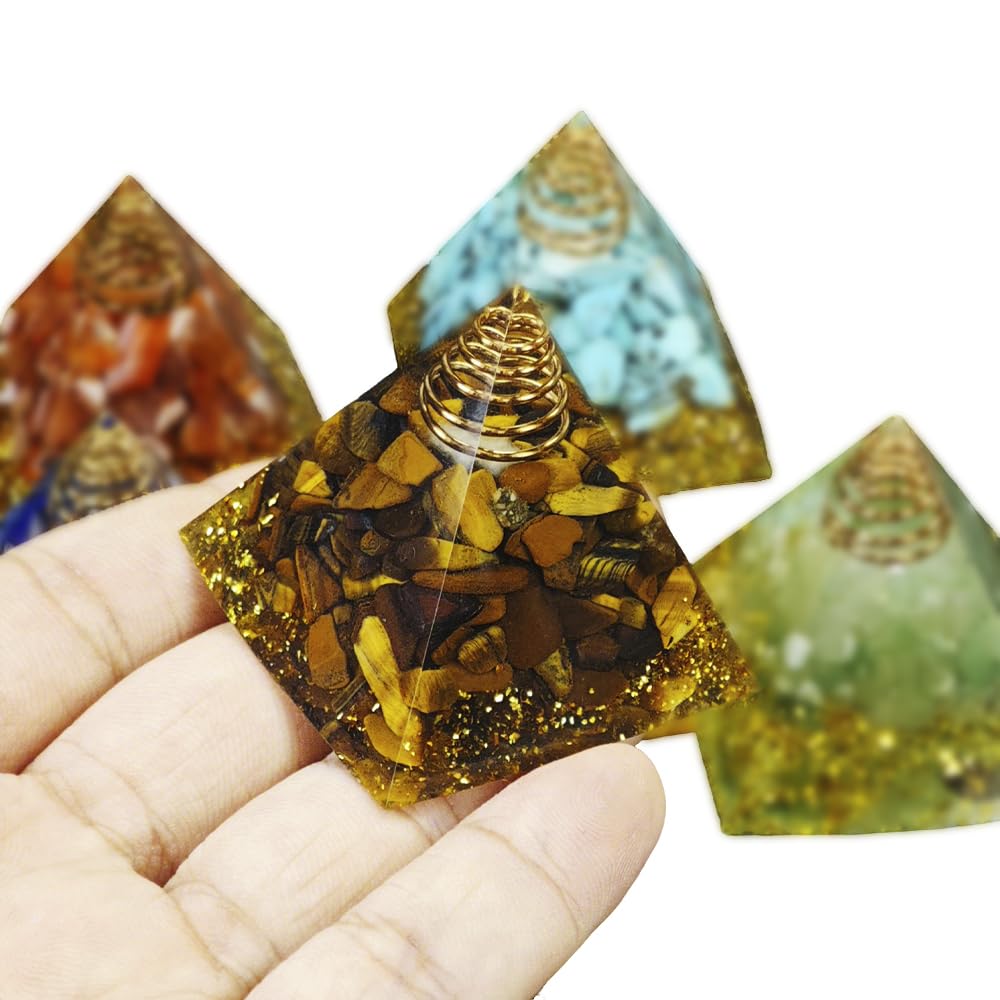 AierCrystal seven pyramids on display for shelving decor.