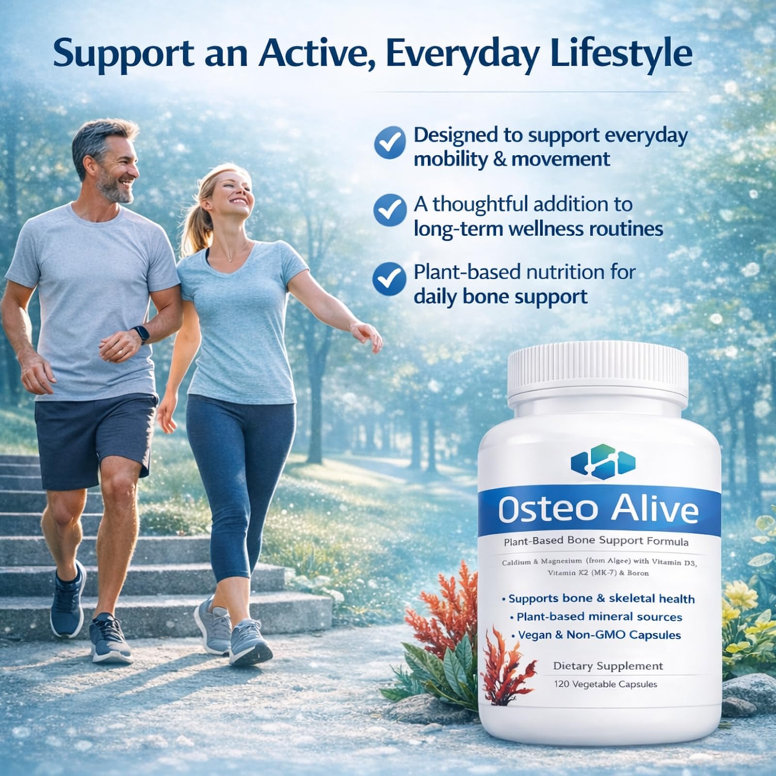 Osteo Alive label detail featuring algae-based minerals for bone nutrition