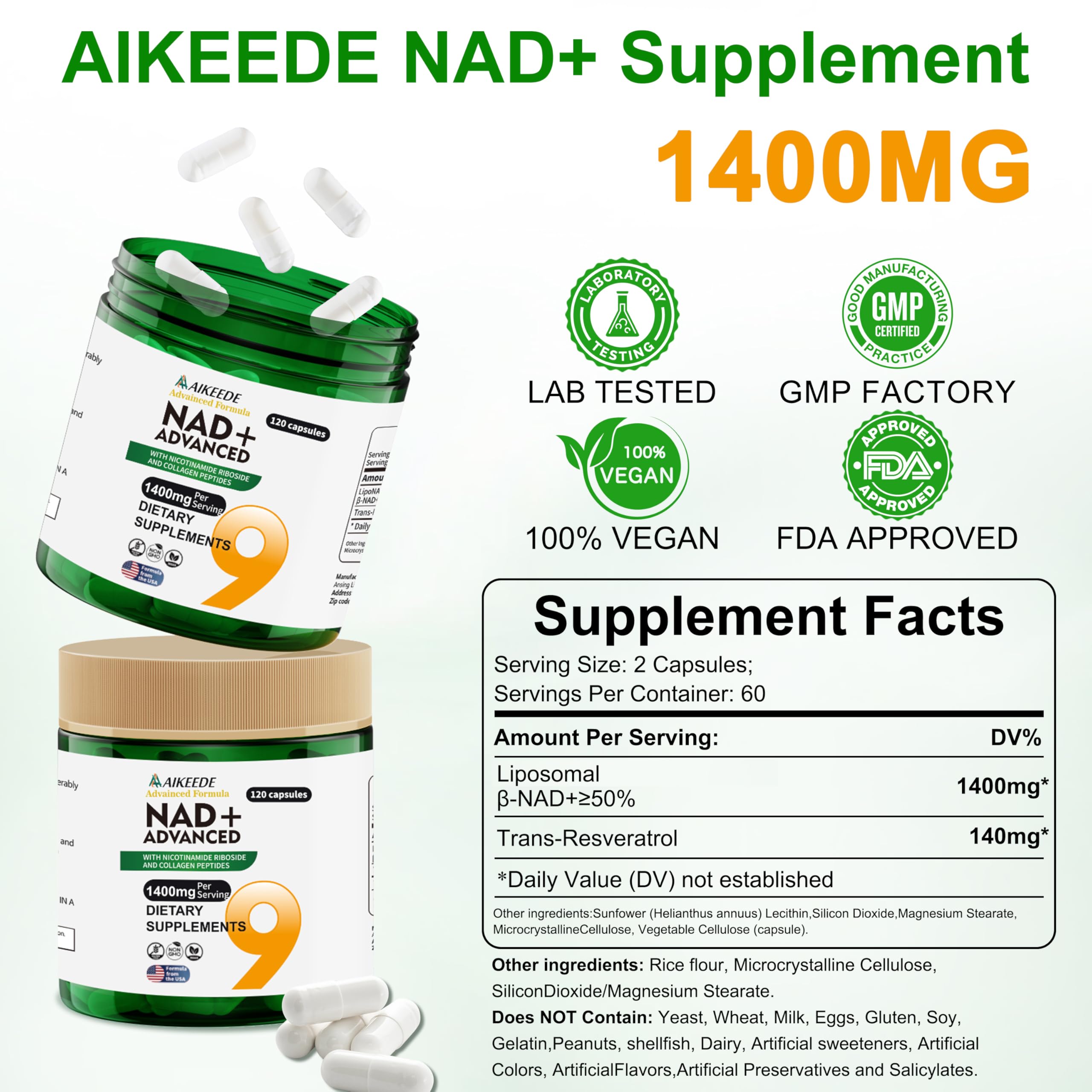 AIKEEDE NAD with Resveratrol capsules closeup for improved absorption