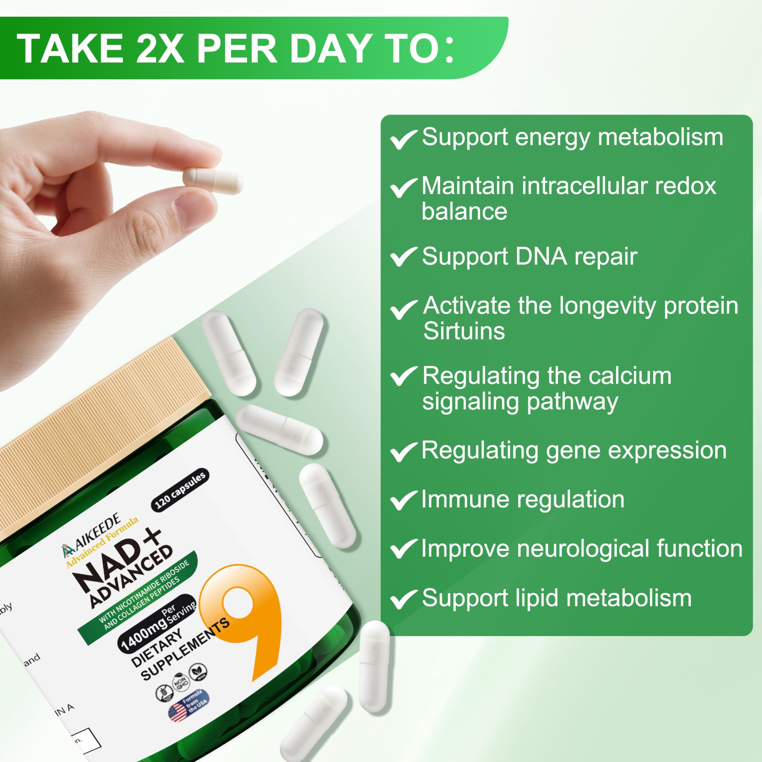 AIKEEDE NAD pills dispensed in a spoon for an easy daily ritual