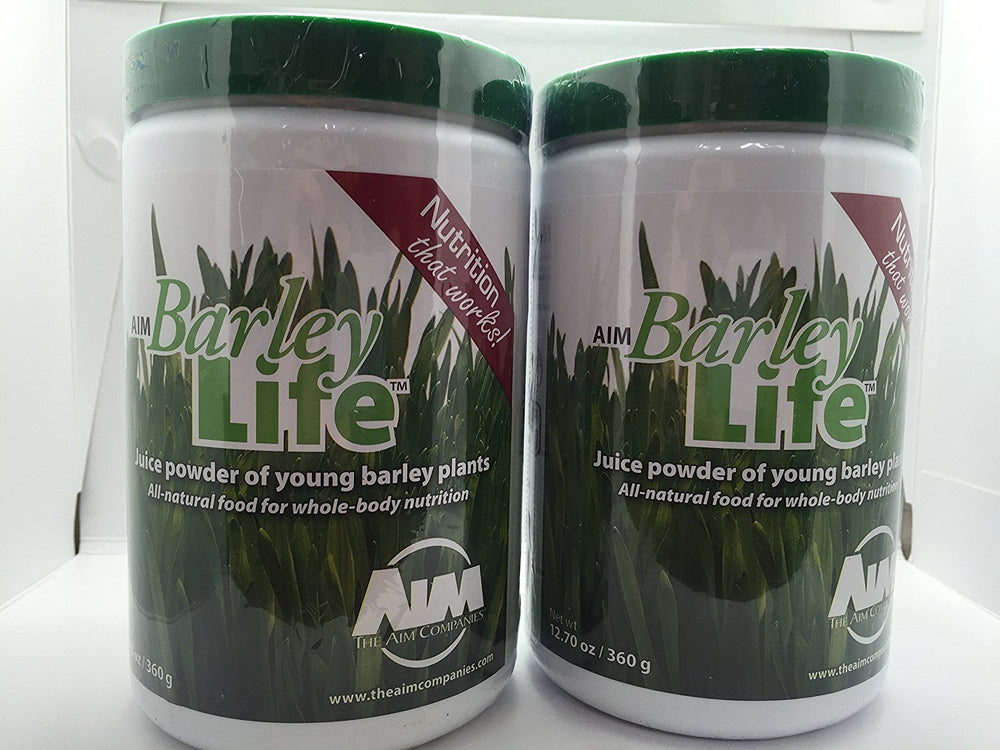 AIM BarleyLife powder label close-up on the family-size canister for daily greens boost.