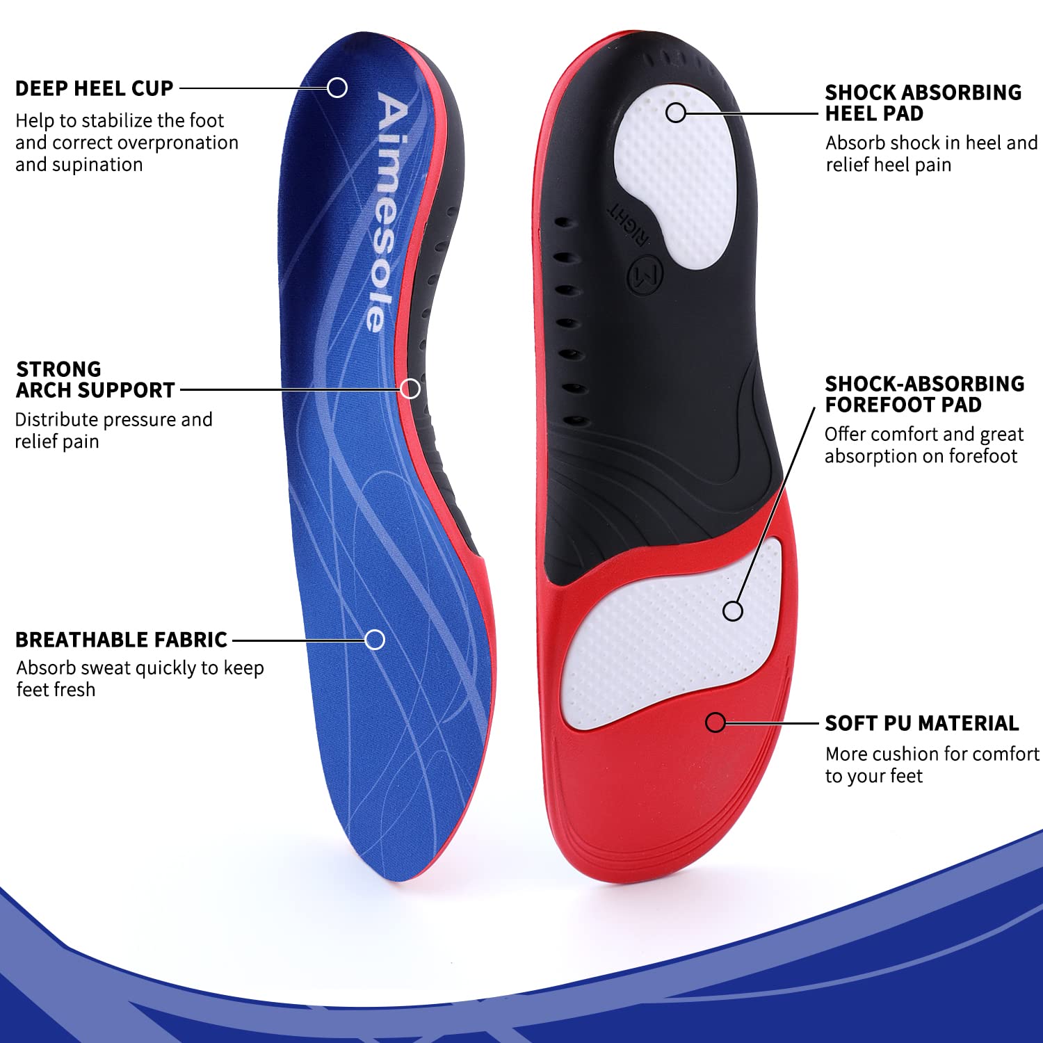 Aimesole daily-use orthotic insoles fit walking shoes, boots, and casual footwear