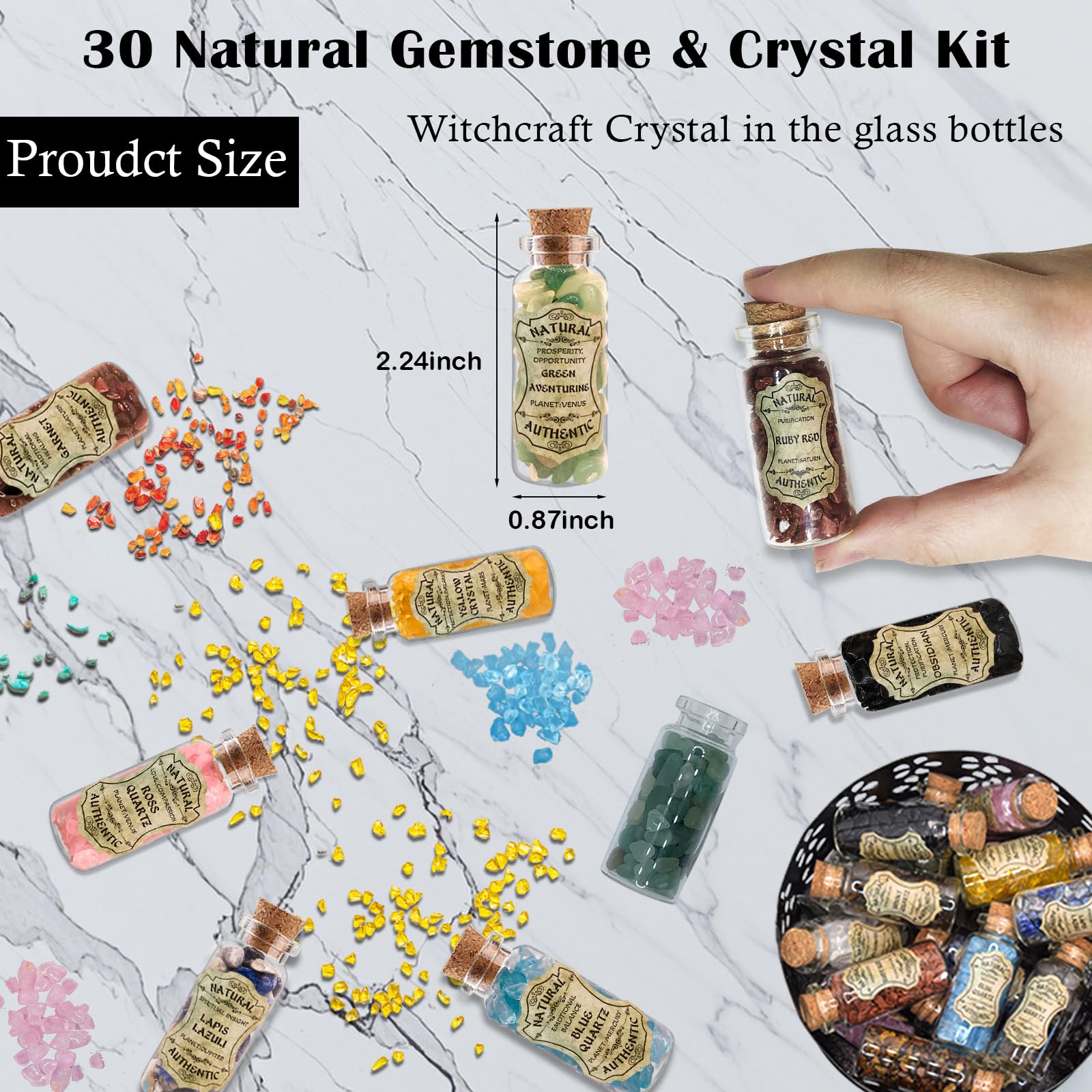 Ainswei mini gemstone bottles with vintage labels for quick stone identification during rituals