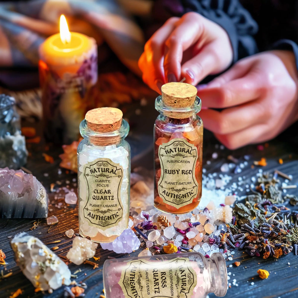 Ainswei ritual altar crystals arranged in bottles to enhance focused energy in spells