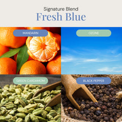 Air Esscentials Fresh Blue Aroma Oil label close-up shows premium blend