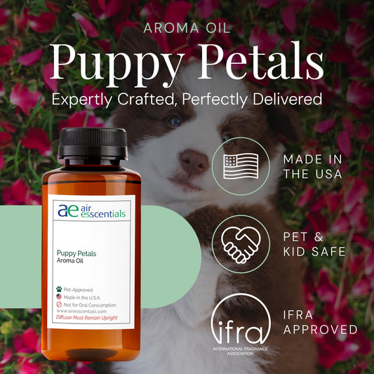 Air Esscentials Puppy Petals bottle cap close-up showcases premium essential oil blend.