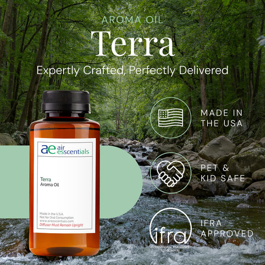 Air Esscentials Terra Aroma Oil in diffuser mist creates ambient fragrance.
