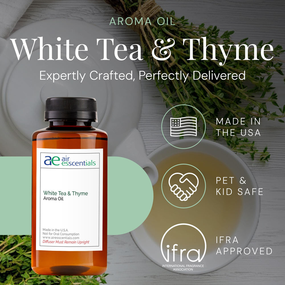 Air Esscentials White Tea & Thyme label close-up, premium blend.
