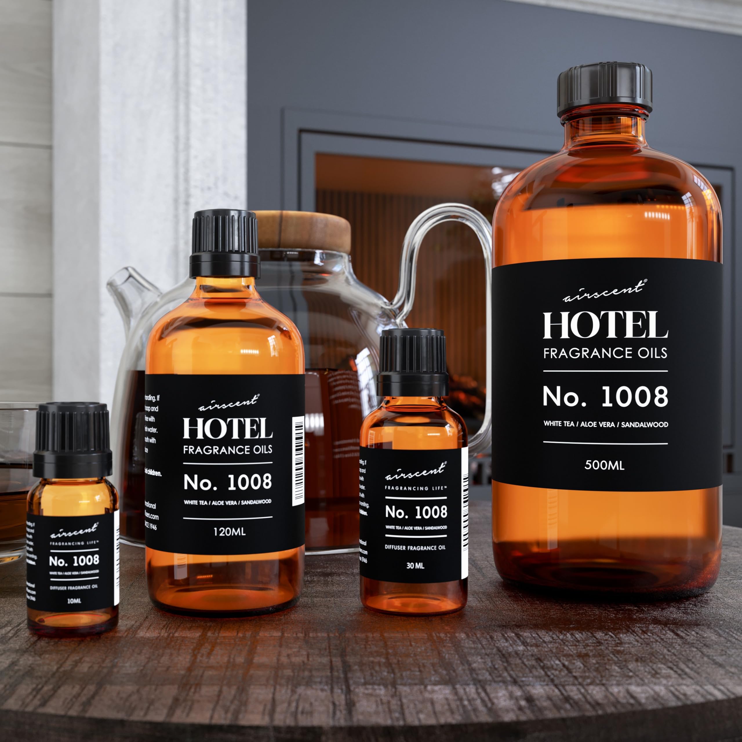 Air-Scent Hotel Diffuser Oil No. 1008 scent notes: white tea, aloe vera, sandalwood.