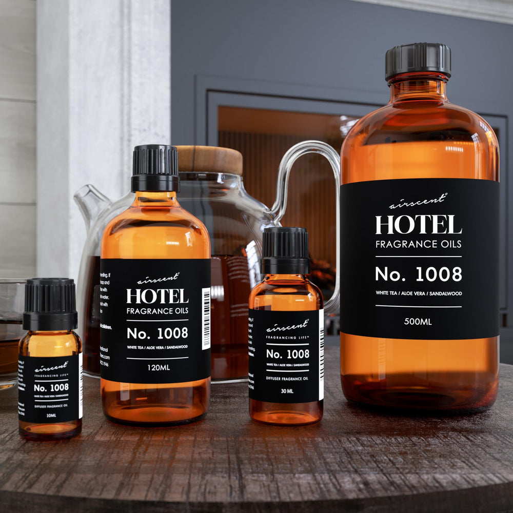 Air-Scent Hotel Diffuser Oil No. 1008 scent notes: white tea, aloe vera, sandalwood.