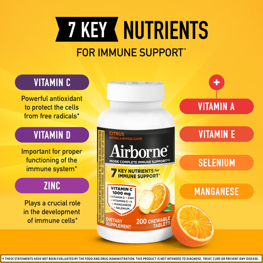 Close-up of Airborne 1000mg vitamin C per serving in citrus chewables.