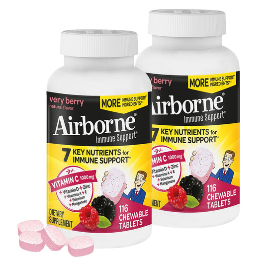 Airborne 1000mg Vitamin C Zinc berry chewable bottle; convenient daily immune support.