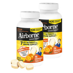Airborne 1000mg Vitamin C zinc chewables citrus front showing easy to take tablets
