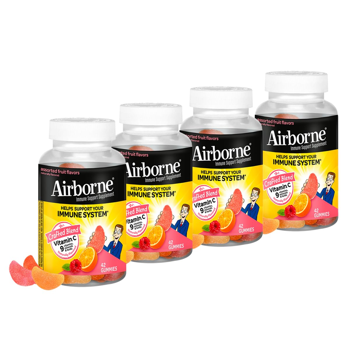 Airborne 750mg Vitamin C immune support bottle shows gluten-free antioxidant blend.