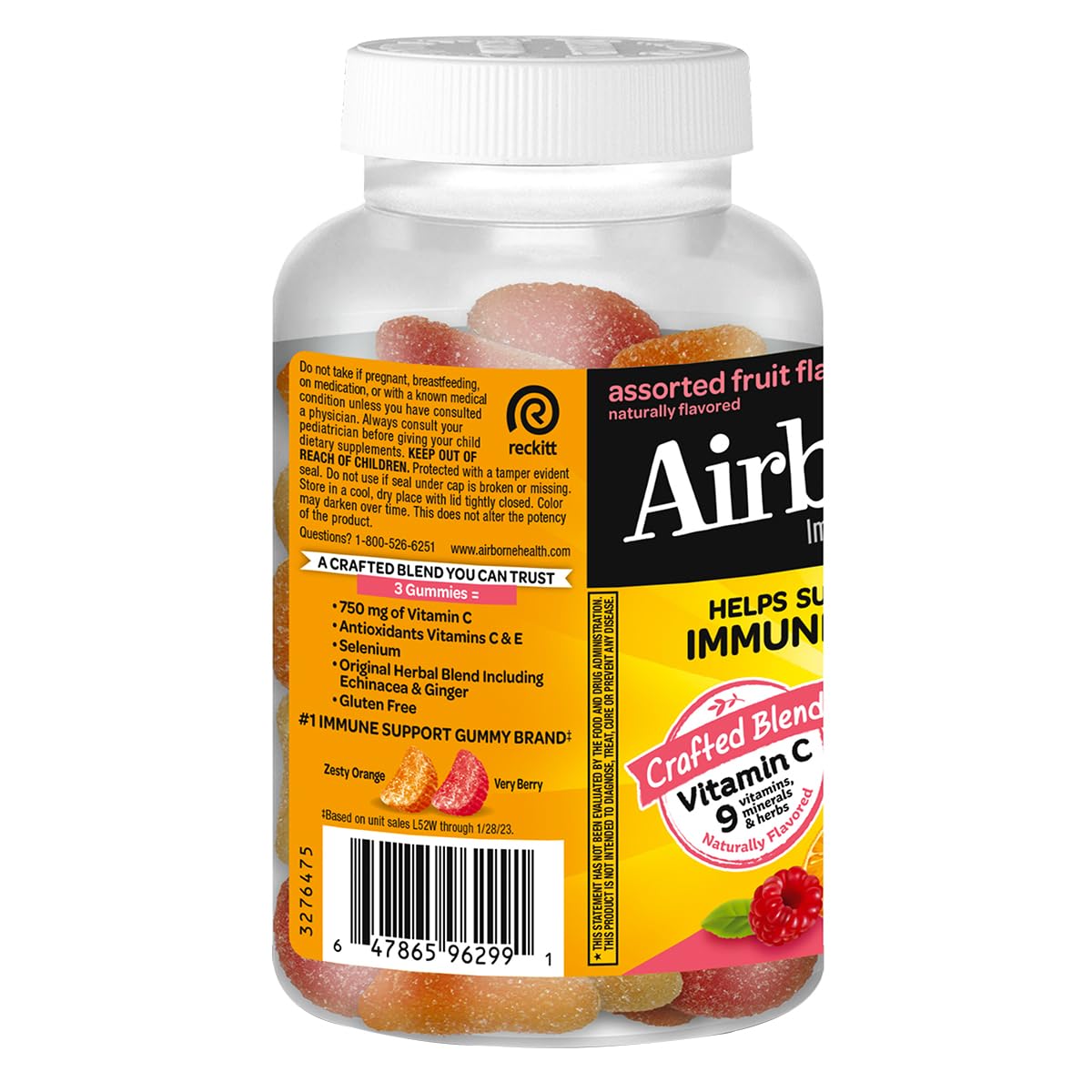 Airborne gluten-free label on bottle indicating gluten-free formula for diets.