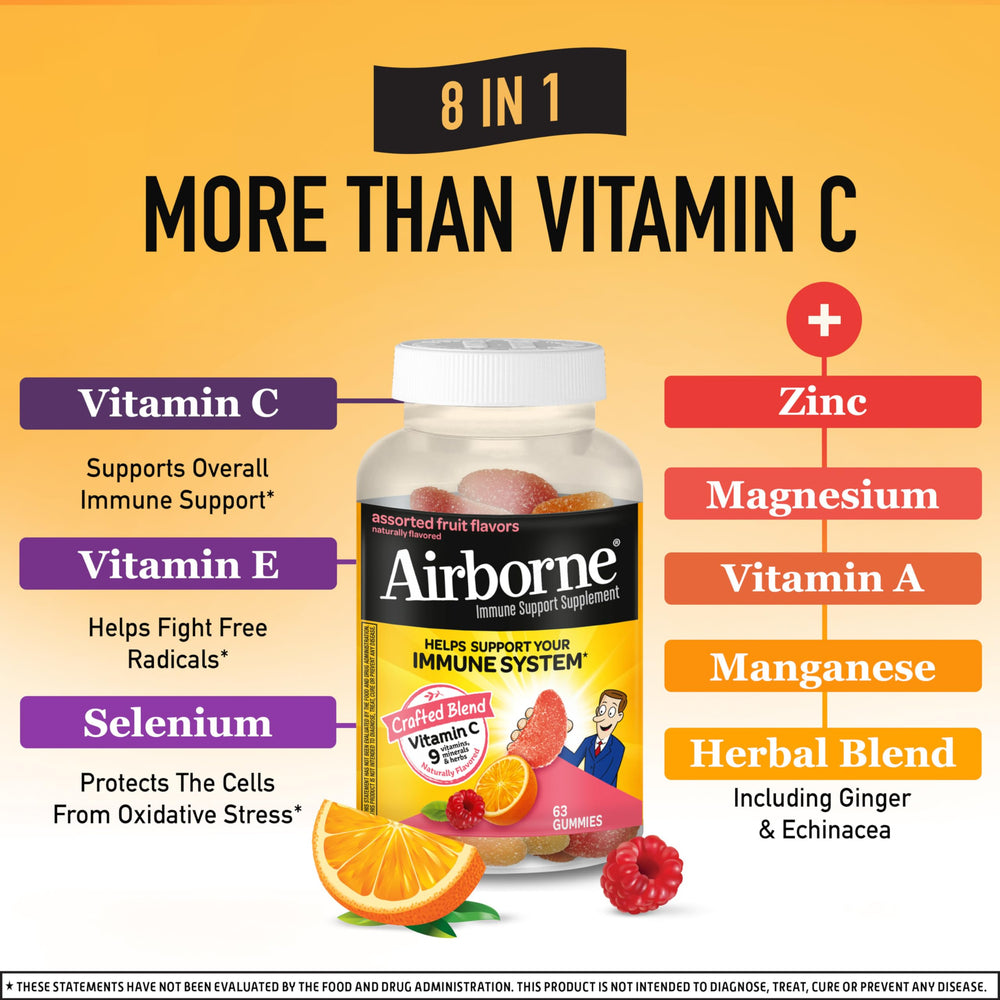Airborne gummies assorted fruit close-up highlights chewy texture and bright flavors.