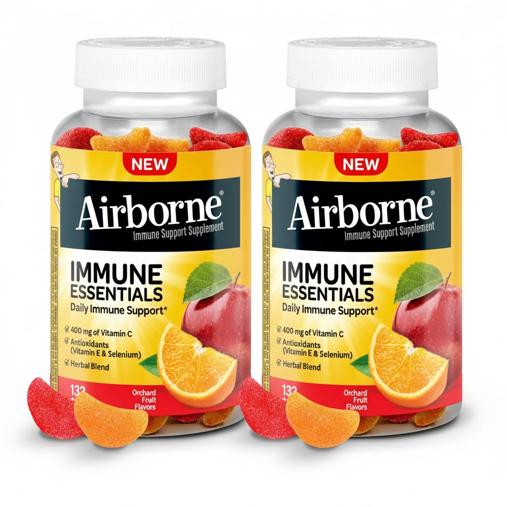 Airborne Immune Essentials gummies bottle with orange fruit flavor for daily immune support.