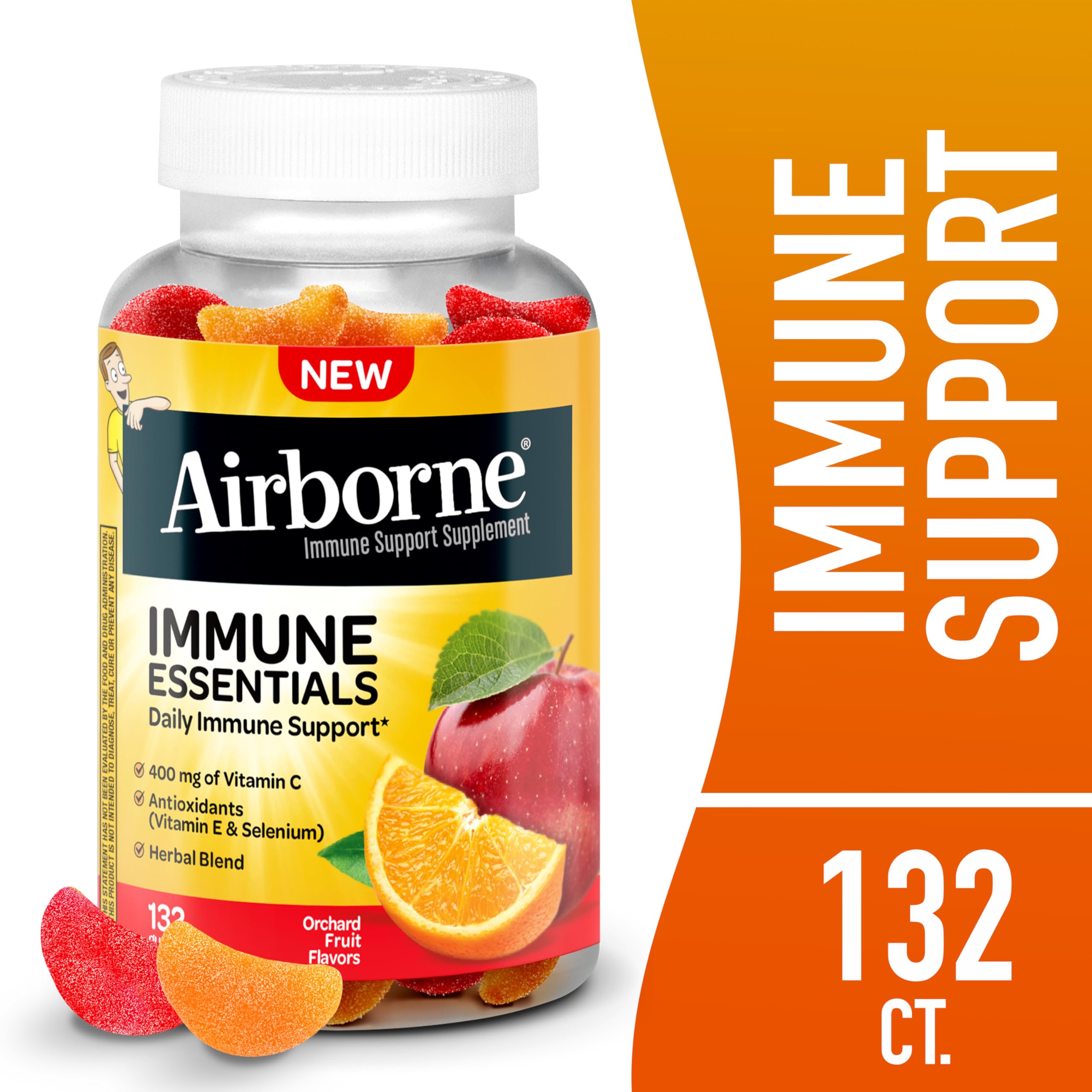 Airborne Immune Essentials label close-up highlights 400 mg vitamin C content.
