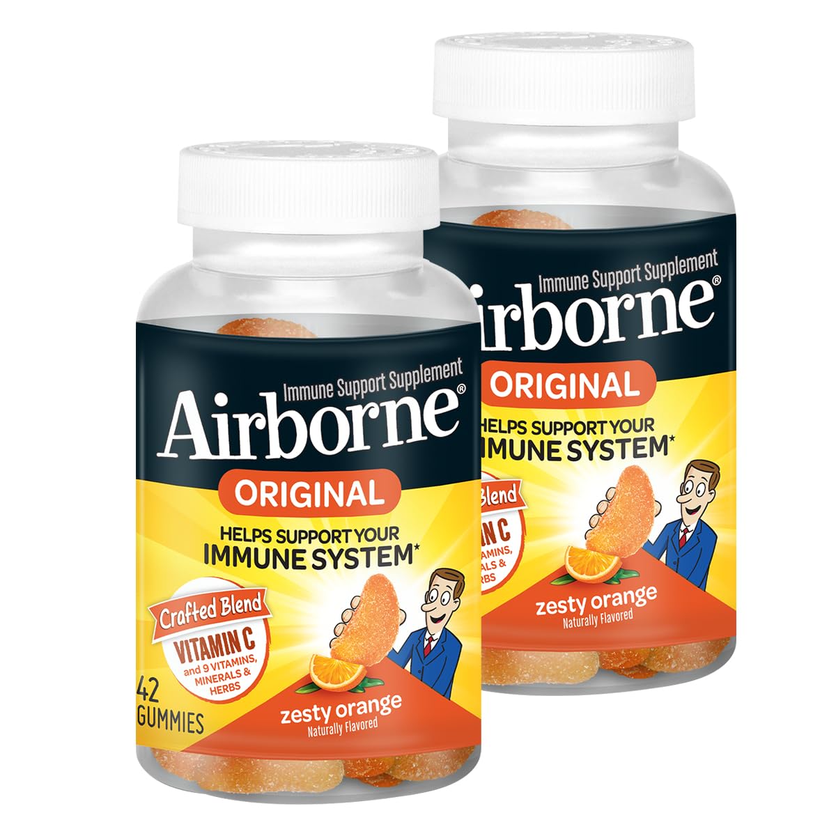 Airborne immune-support gummies bottle close-up promotes vitamin C and daily wellness