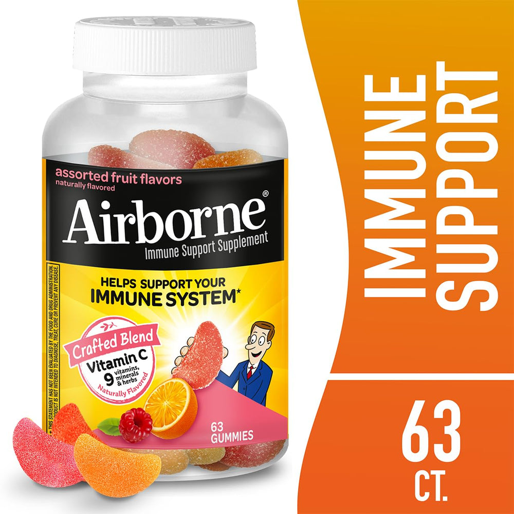Airborne Immunity Support Gummies close-up showing fruit flavor and chewable form.