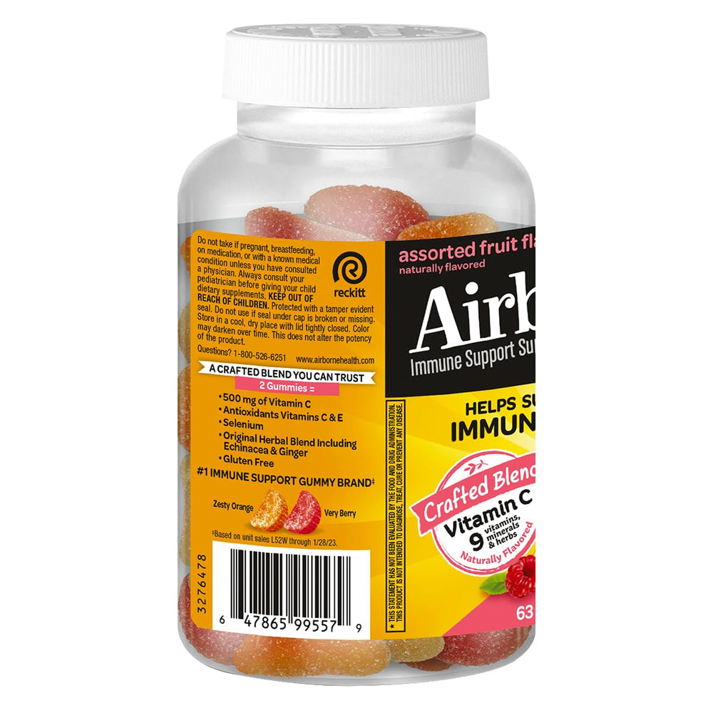 Airborne Kids fruit-flavor gummies close-up of colorful textures.