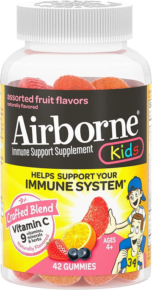 Airborne kids immune gummies bottle shows fruity flavor and daily immune support.