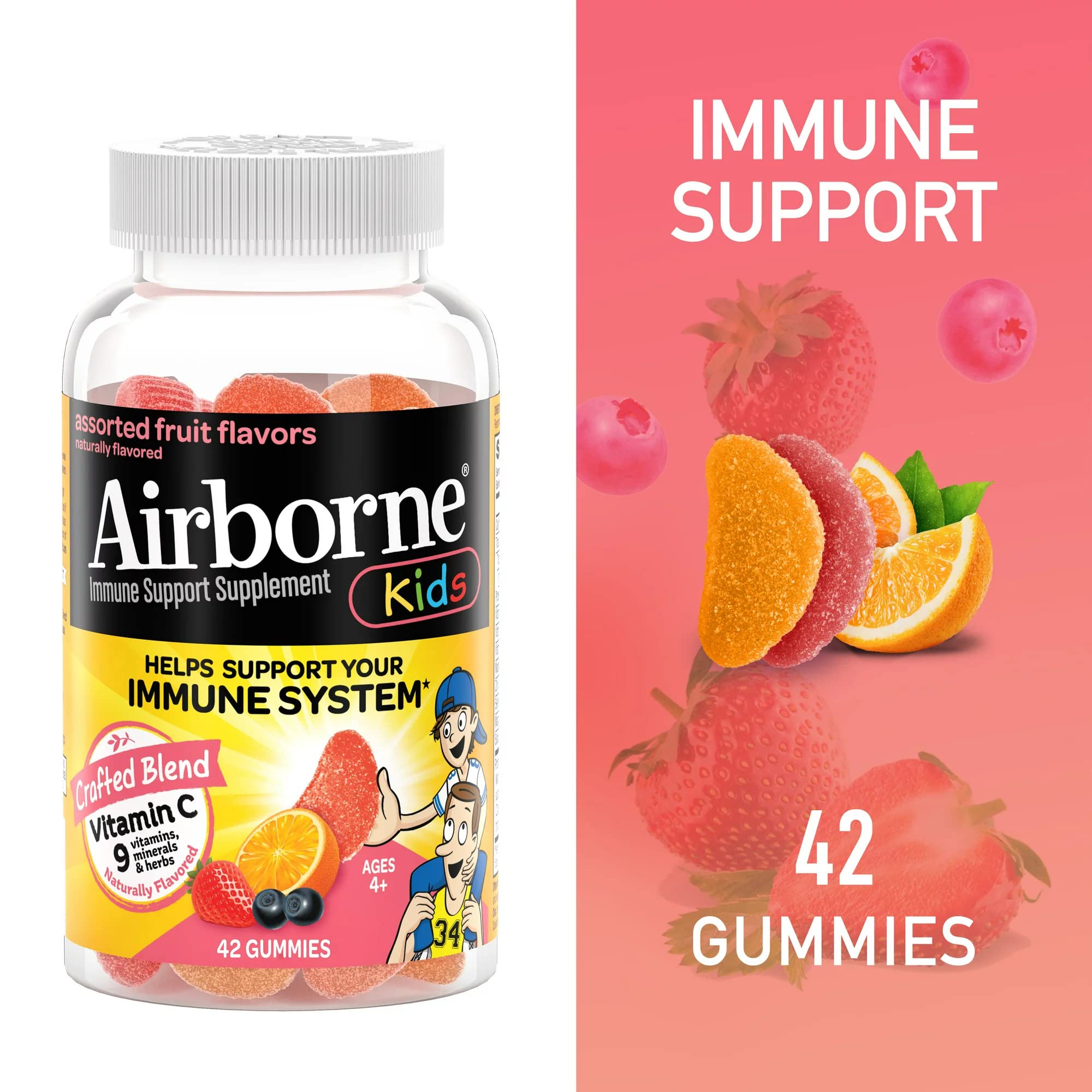 Airborne gummies close-up with assorted fruit flavors for kid-friendly daily use.