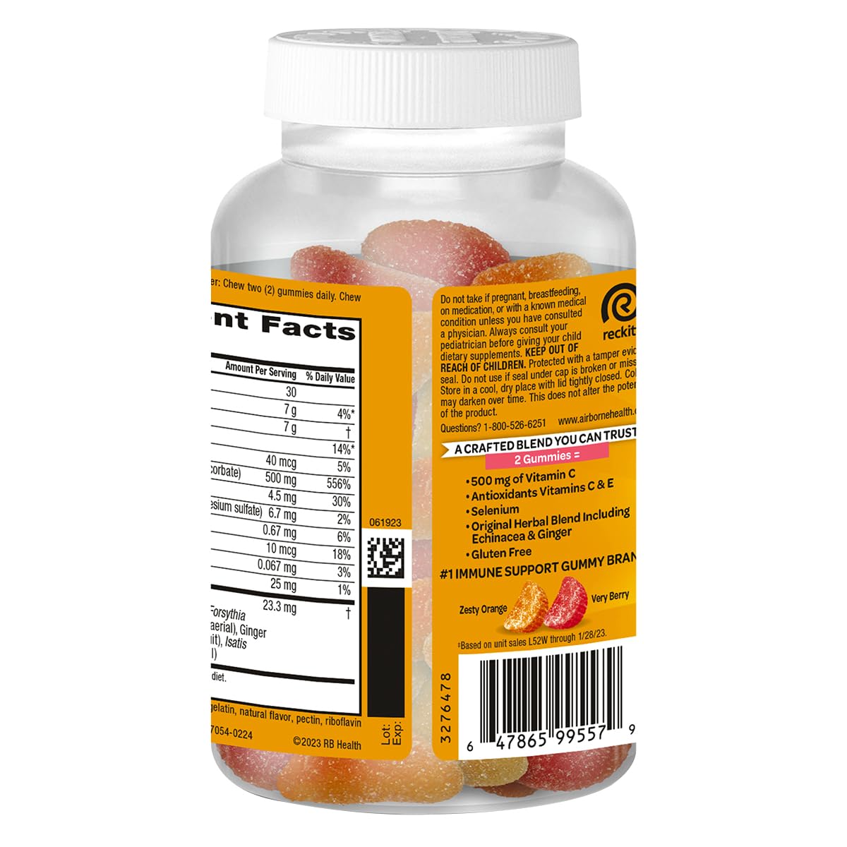 Airborne Kids ingredients panel showing 9 vitamins minerals and herbs.
