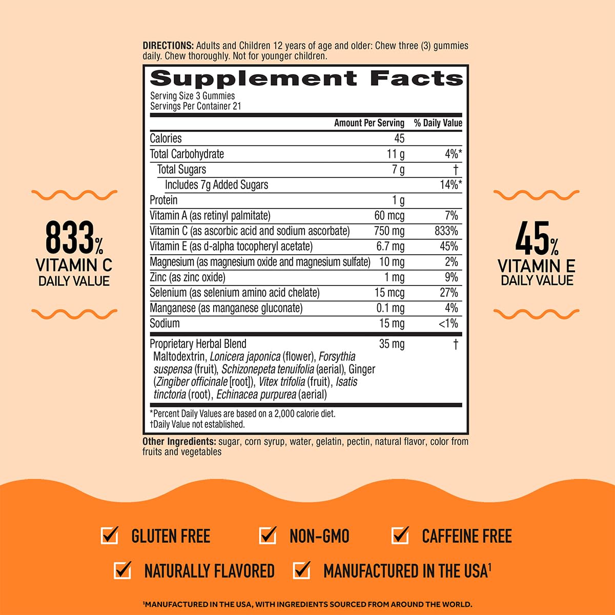 Airborne serving guide showing three gummies per daily serving.