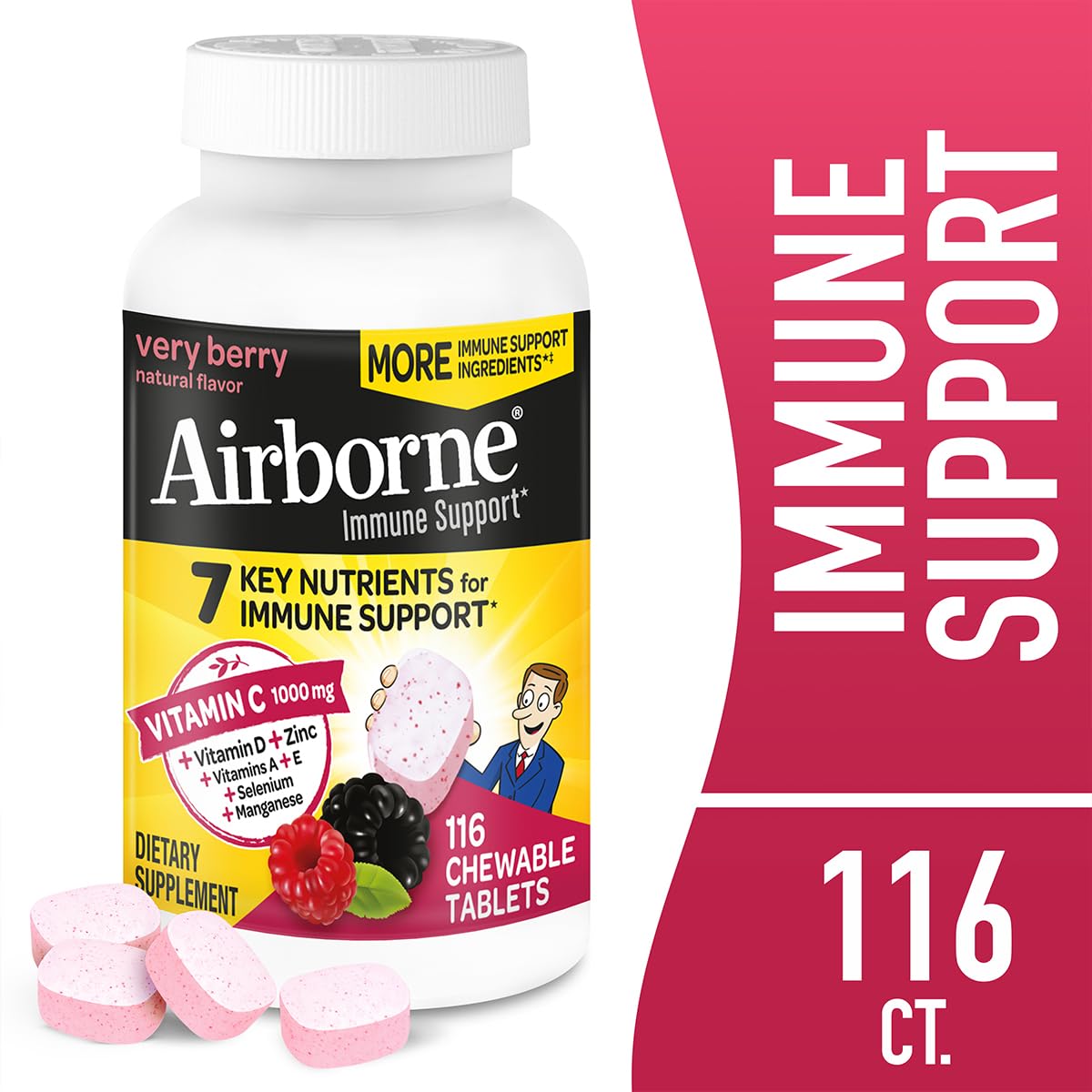 Airborne very-berry-flavor chewables close-up; tasty daily dose for on-the-go support.