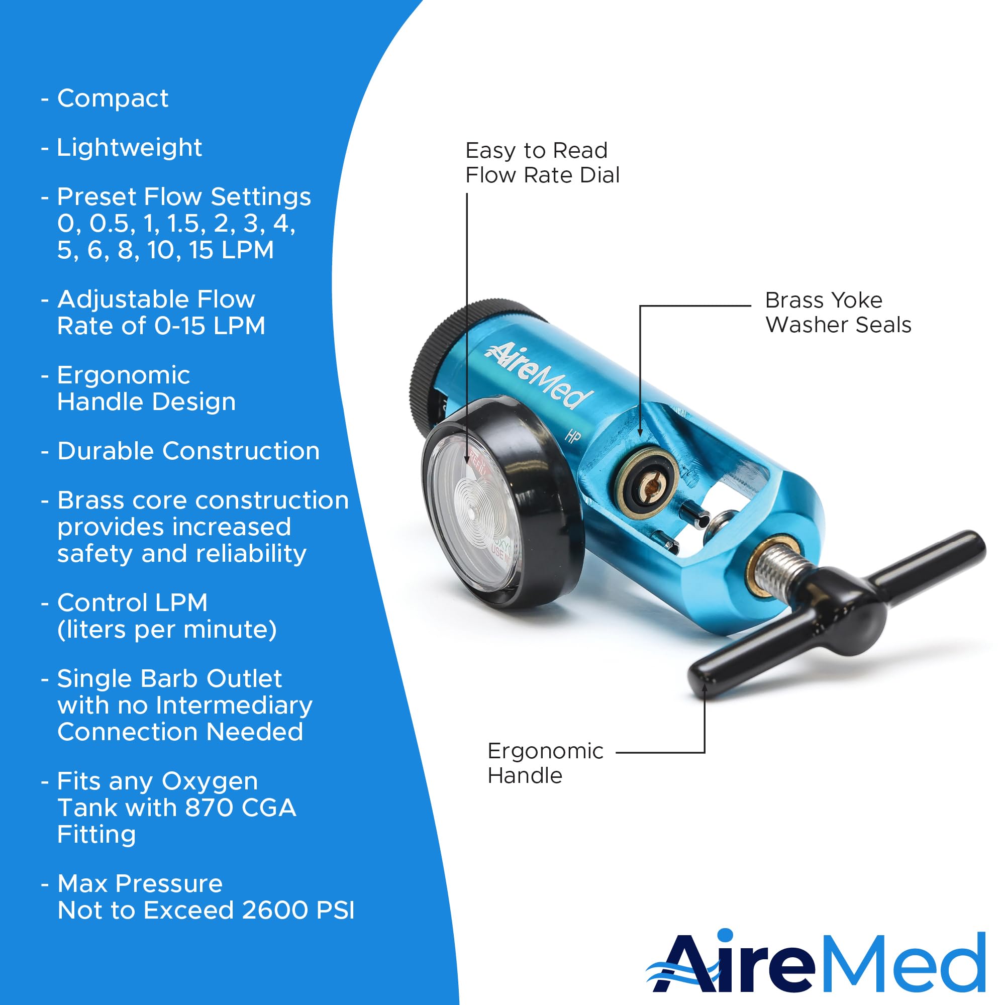 AireMed regulator aluminum body appears lightweight yet durable for home use