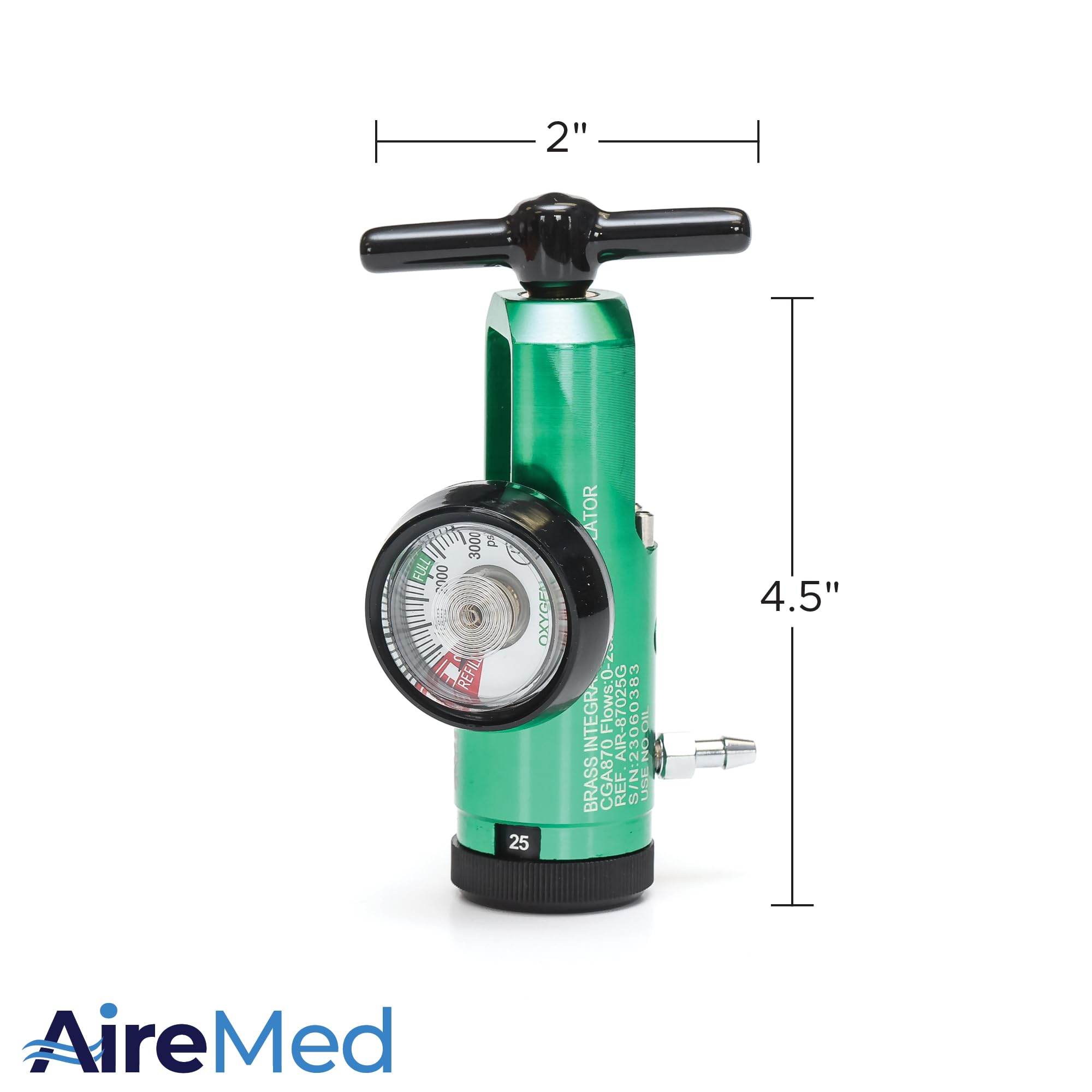 AireMed regulator features an anodized aluminum body for lightweight durability.