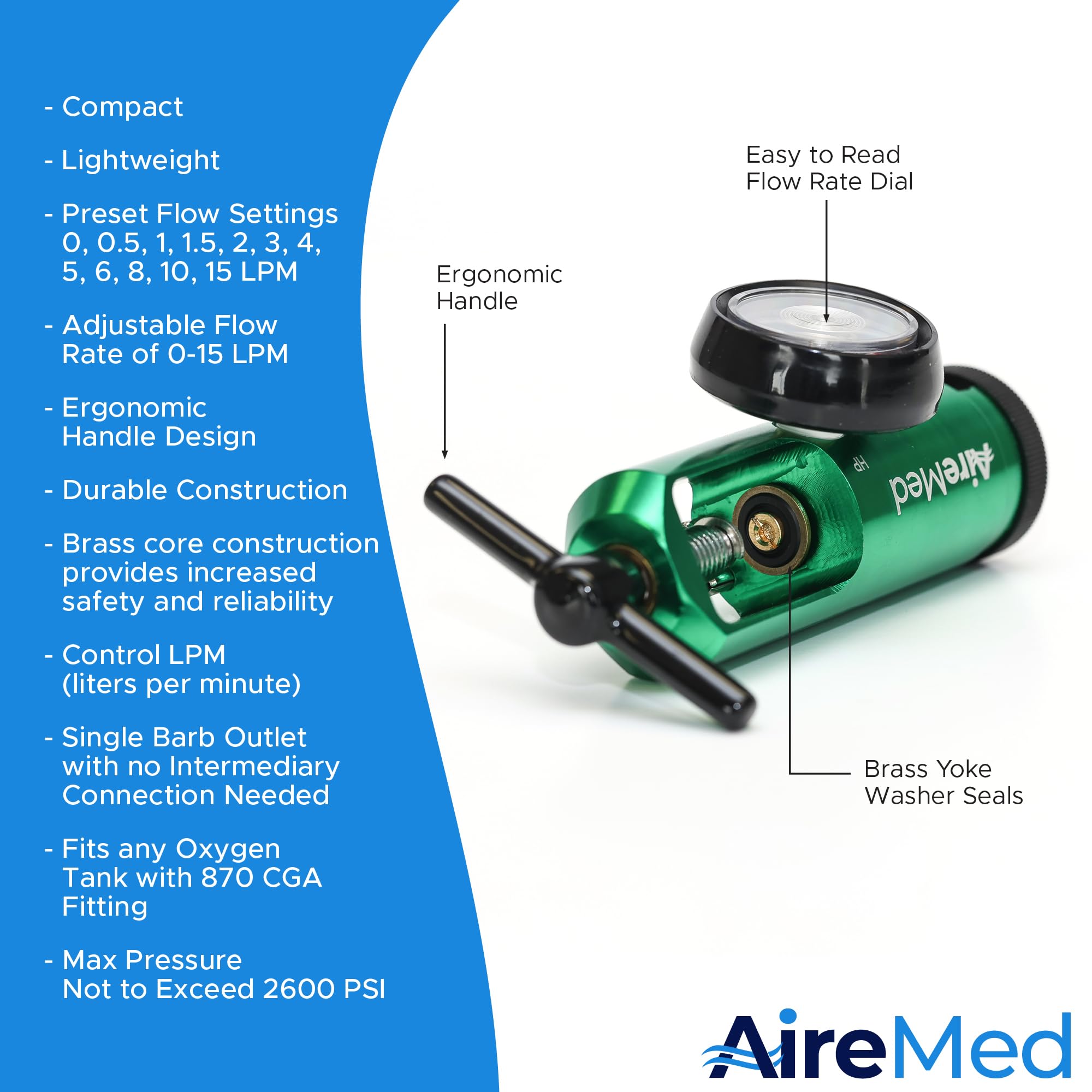 AireMed Oxygen Regulator ergonomic green handle enables comfortable operation