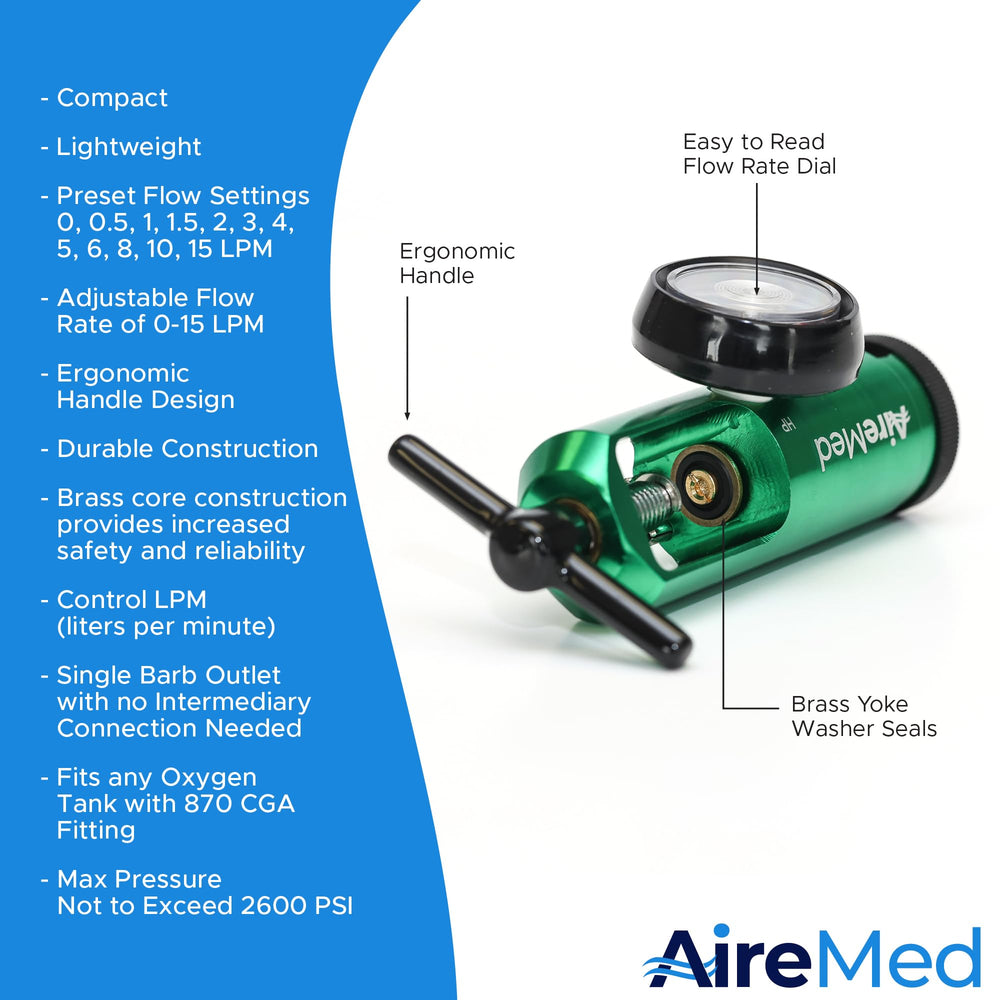 AireMed Oxygen Regulator ergonomic green handle enables comfortable operation