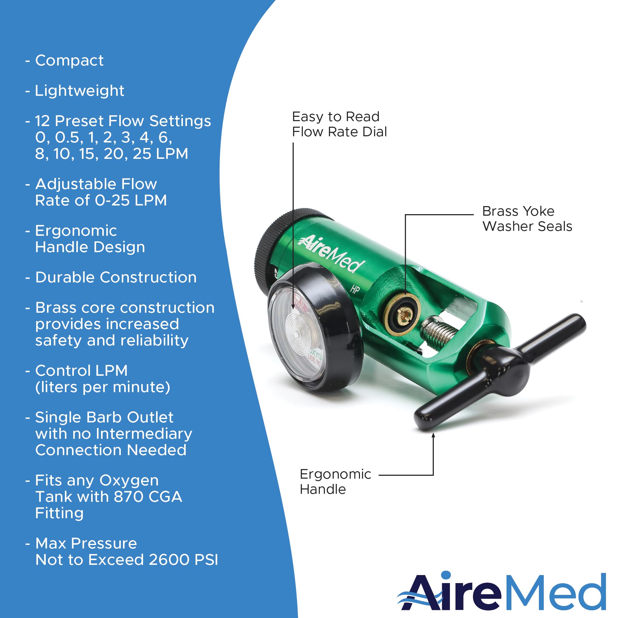 AireMed oxygen regulator ergonomic handle enables comfortable operation during setup.