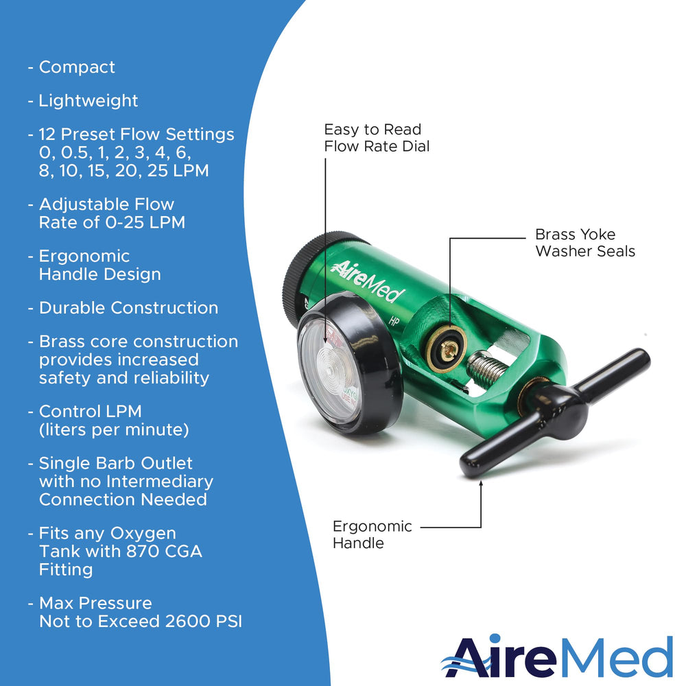 AireMed oxygen regulator ergonomic handle enables comfortable operation during setup.