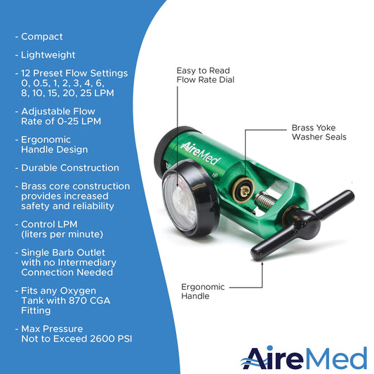 AireMed oxygen regulator ergonomic handle enables comfortable operation during setup.