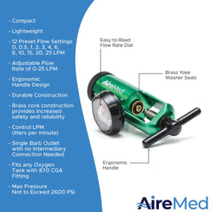 AireMed oxygen regulator ergonomic handle enables comfortable operation during setup.