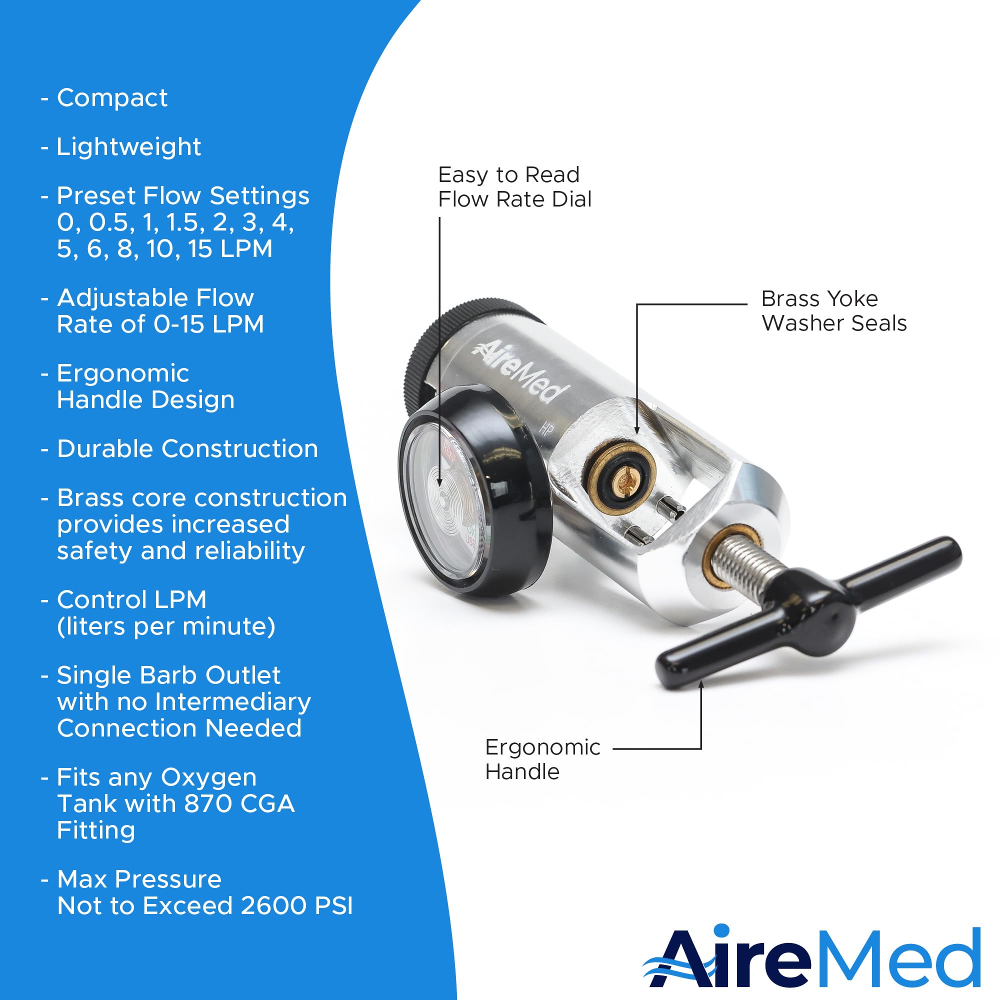 AireMed oxygen regulator flow dial illustrating adjustable LPM settings