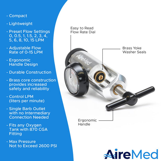 AireMed oxygen regulator flow dial illustrating adjustable LPM settings