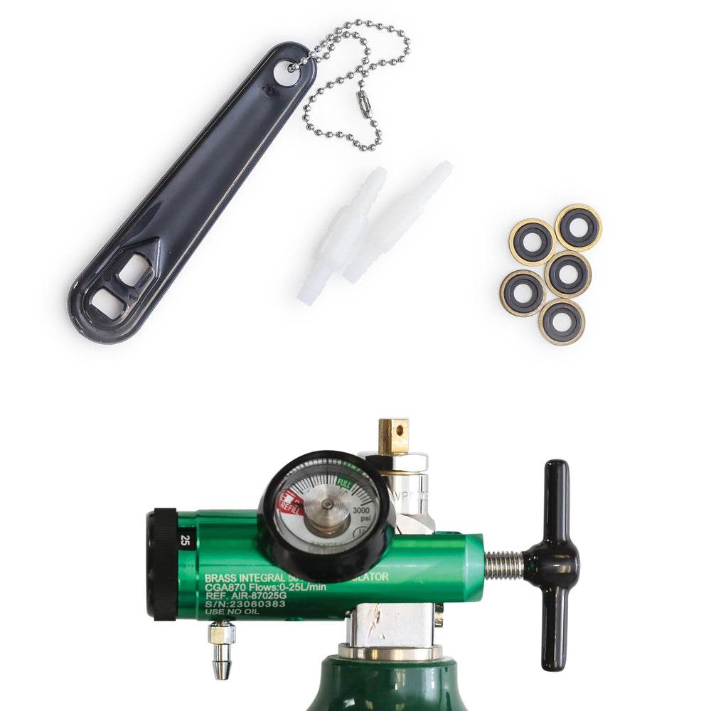 AireMed oxygen regulator gauge display shows flow settings for precise control.