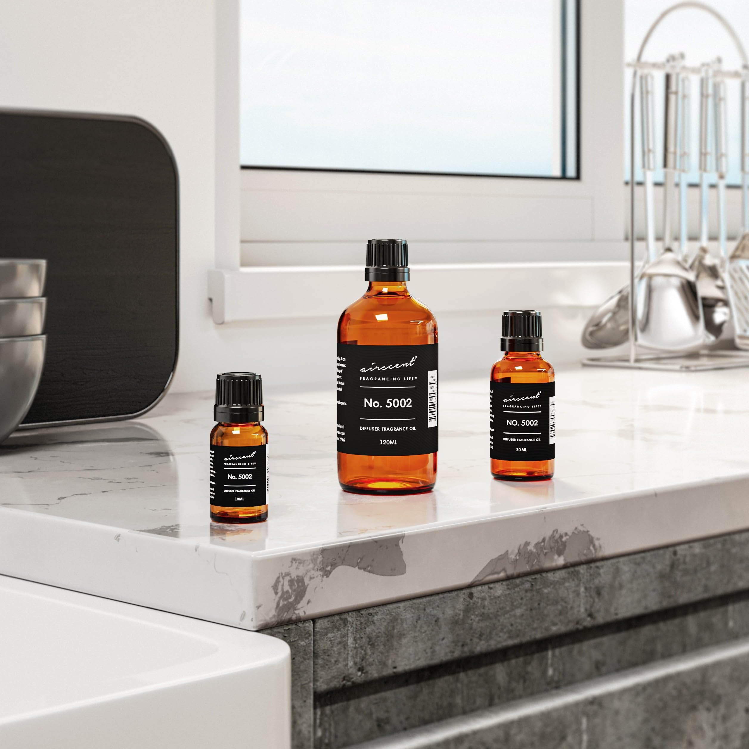 Air-Scent Creed No. 5002 diffuser oil 500 ml glass bottle on a clean surface for ambience.