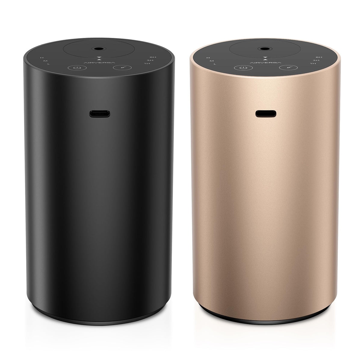Airversa ADX Black diffuser close-up showing heatless, waterless diffusion for spacious rooms.