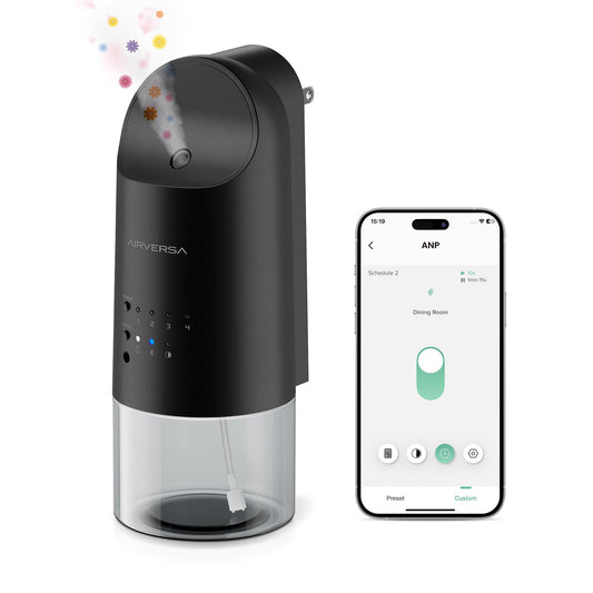 Airversa smart waterless diffuser front view in black, ideal for living spaces.