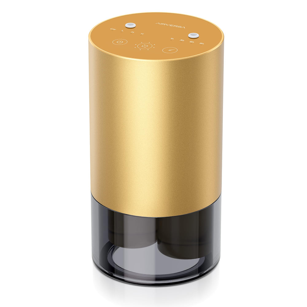 Airversa dual-nozzle diffuser in gold metal close-up for elegant home aroma.