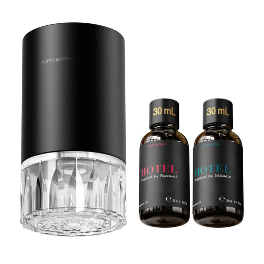 Airversa RD1 diffuser front view in black enhances room ambiance with premium scent