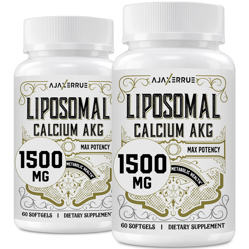 Ajaxerrue liposomal CaKG bottle label highlights enhanced absorption and energy balance potential.