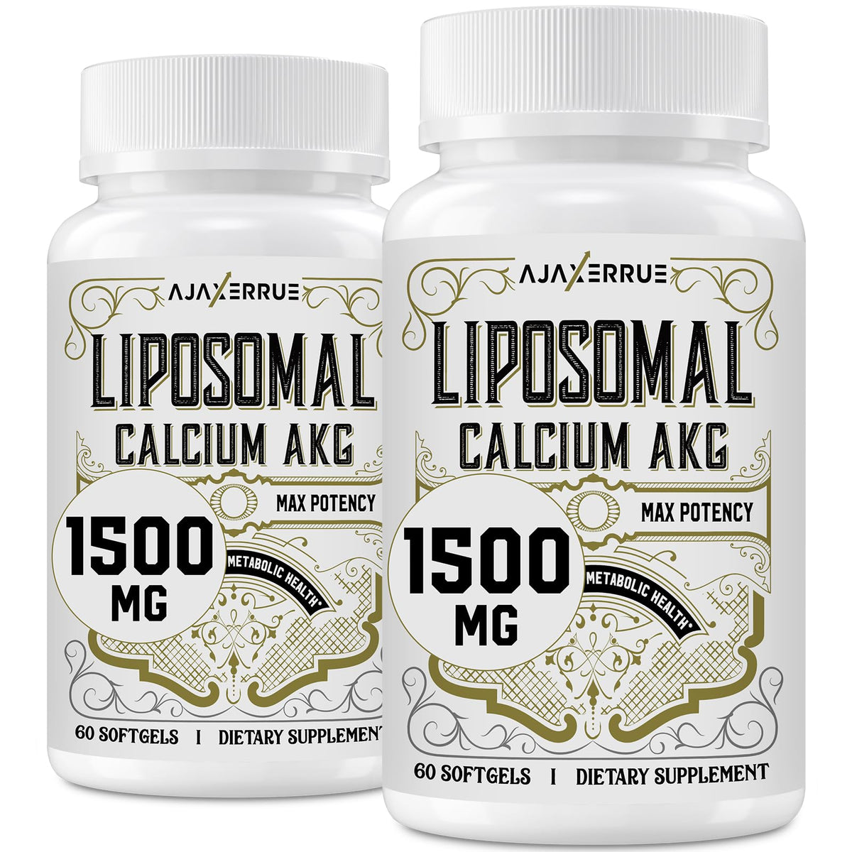 Ajaxerrue liposomal CaKG bottle label highlights enhanced absorption and energy balance potential.